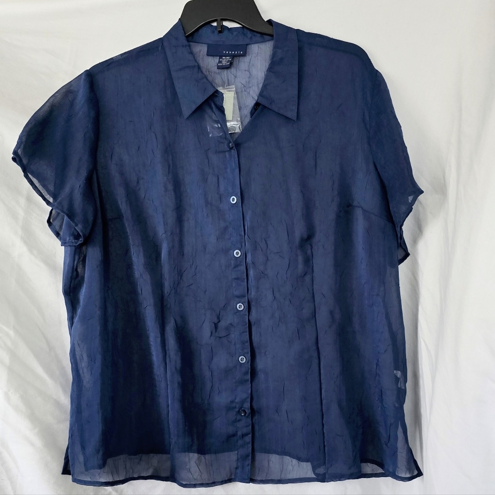 Venezia Navy Sheer Button-Down Shirt NWT Women's Plus 18 20 2X 2XL